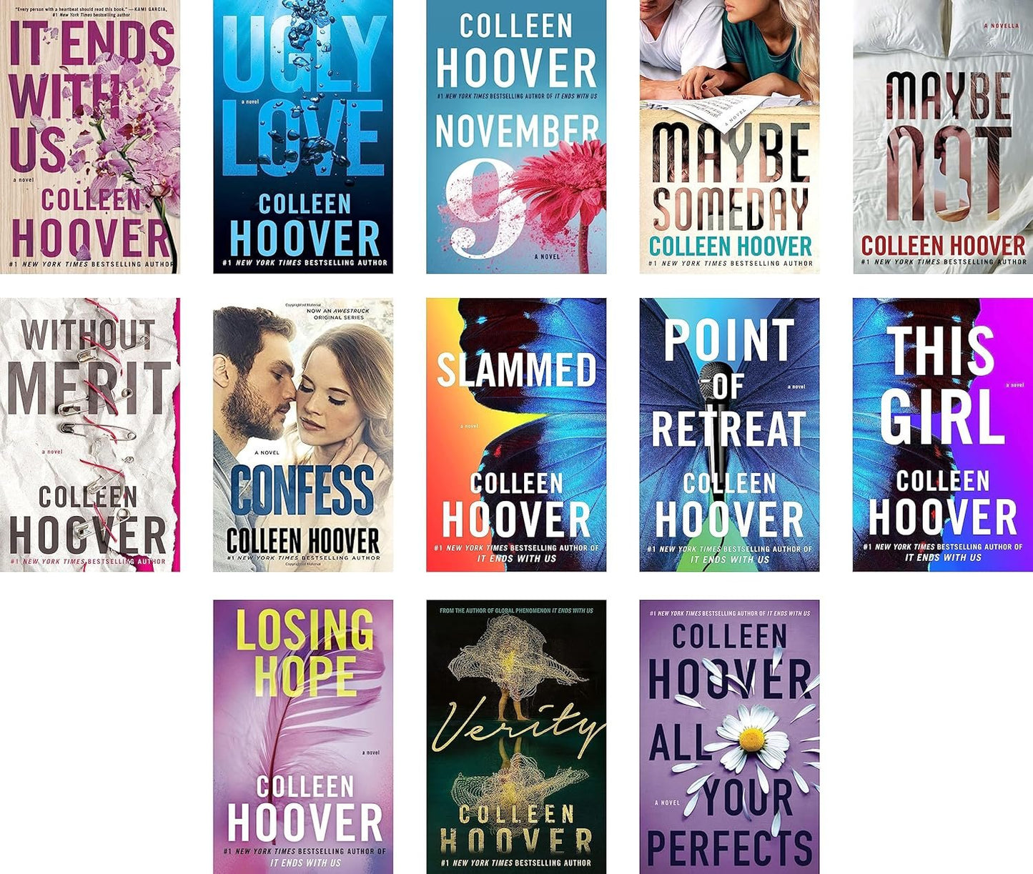 Colleen Hoover 13 Books Collection Set It Ends With Us; Ugly Love; November 9; Maybe Someday; All Your Perfects; Maybe Not; Without Merit; Slammed; Point Of Retreat; Verity; Confess; Losing Hope Product Bundle